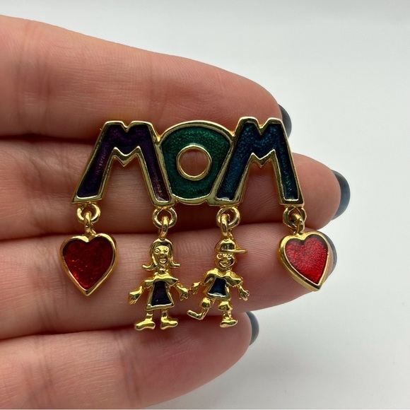 Vintage Gold Tone Mom Mother Brooch Enamel Boy and Girl Mother's Day Present - Picture 3 of 5